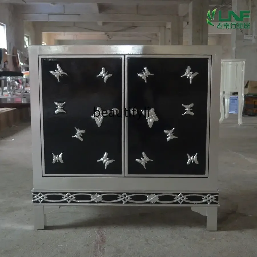 Neoclassical Entrance Cabinet with Gold and Silver Foil European Style Solid Wood Storage Shoe Cabinet Entrance Hall Cabinet