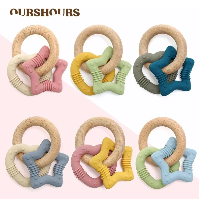 

3 in 1 Baby Wooden Ring Silicone Teether BPA Free Cute Cartoon Infant Molar Chewing Toys Teething Rings for Babies Newborn Gifts