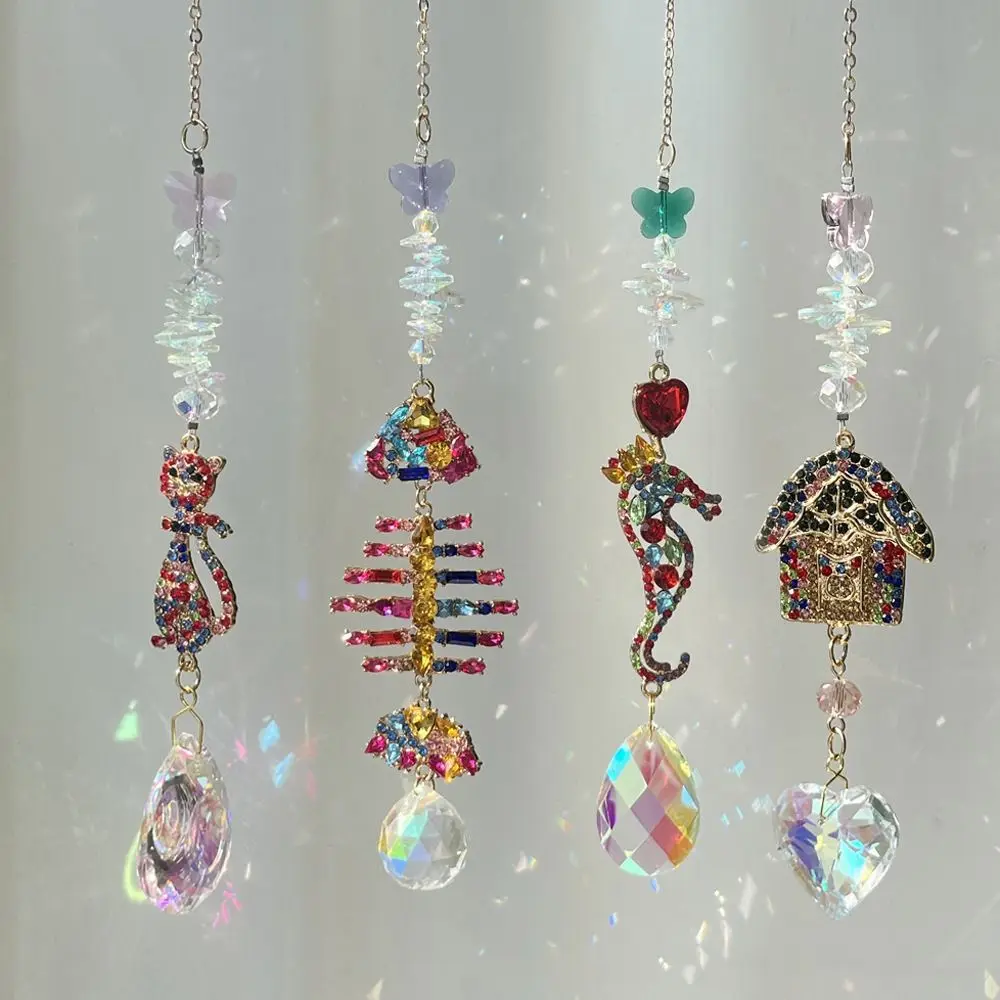 Natural Crystal Sun Catcher Pendant Hanging DIY Crafts Suncatcher Chandelier Handmade Hanging Wind Chimes Outdoor Garden Deco