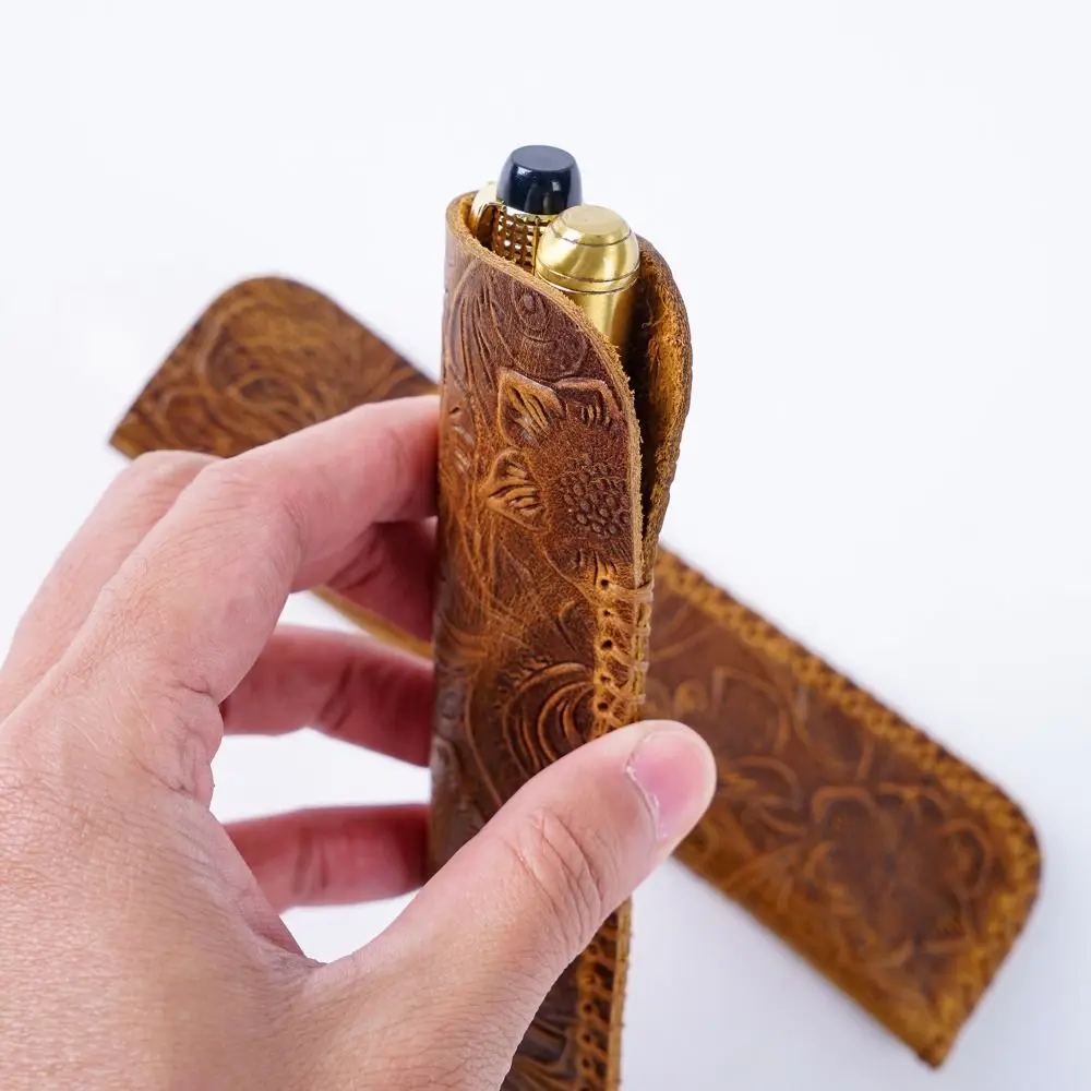 Retro Genuine Leather Pen Bag Creative New Brown Embossing Flower Pen Pouch Gift Protection Case Portable Storage Bag