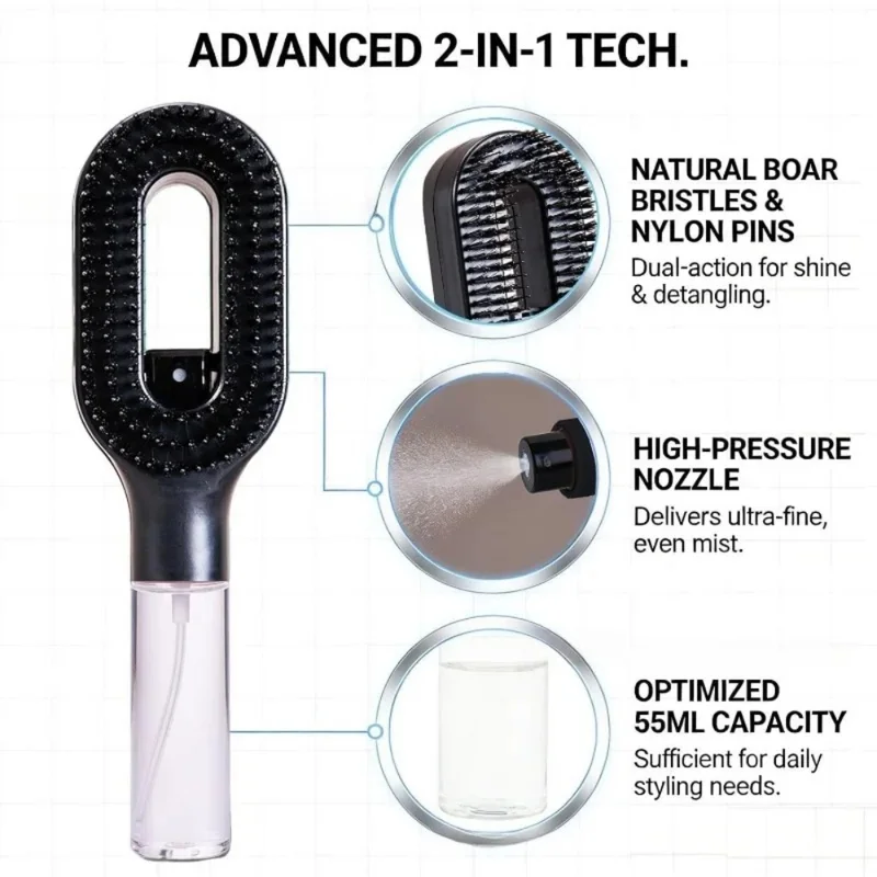 Multi-functional Spray Bottle Comb, Wet Dry Scalp Massage Bristle Hair Brush, Salon Fluffy Styling Comb for Hair Care