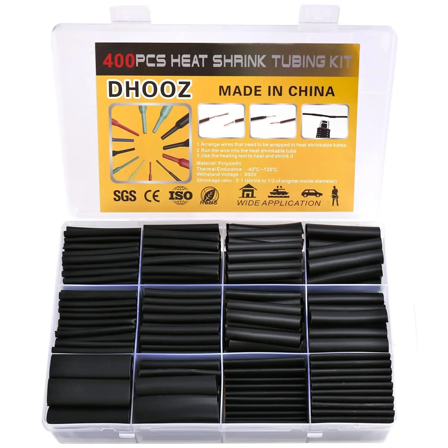 

400 Pcs 3:1 Heat Shrink Tubing Kit, Adhesive Lined, Waterproof, Marine Grade, Black
