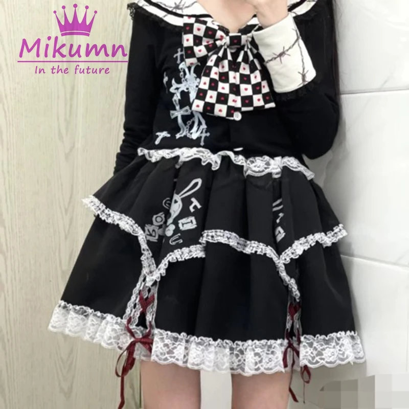 Japanese Harajuku Women Skirts Gothic Skull Print Black Lace Skirt Y2k Punk Lolita High Waist Cake Mini Skirt Chic Streetwear