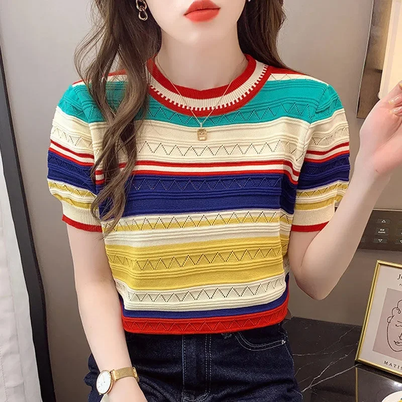 Summer Thin Striped Knit Color Pullover Sweater Women Casual Fashion Loose Tees T-shirt Short Sleeve O-neck Ladies Knitwear Tops