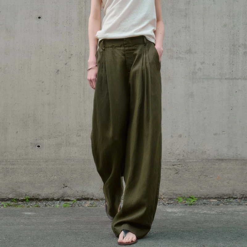

Spring New Linen Women's Wide-Leg Pants Solid Color Breathable Casual Trousers with Pockets Retro High-Waisted Straight Pants