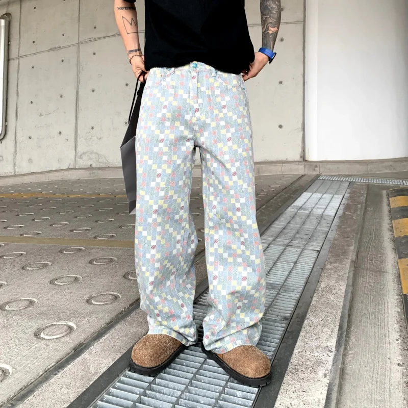 

1395 American high street printed plaid cotton jeans loose fashion versatile casual wide leg trousers