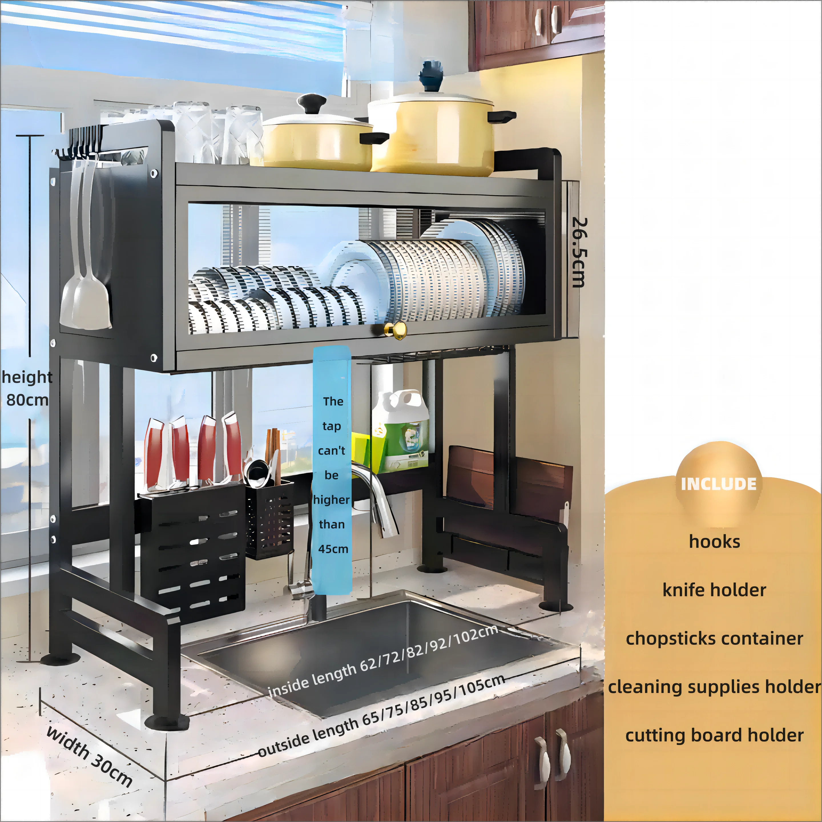 High Efficiency Eco-Friendly 65-105cm Kitchen Dish Rack Sink Dish Drainer Drying Rack Multifunction Tableware Storage Organizer