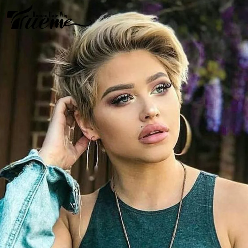 Trueme Ombre blond Pixie peruki z ludzkich włosów koronkowe peruki z przodu ludzkich włosów dla kobiet podkreślają brazylijską koronkową perukę z krótkimi ludzkimi włosami