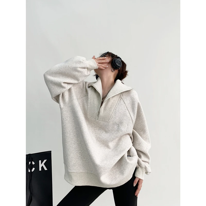 Womens Clothing Vintage Street Sweatshirt Ins Pullover Polo Collar Long Sleeves Casual Warm Oversize Baggy Ladies Tops Autumn