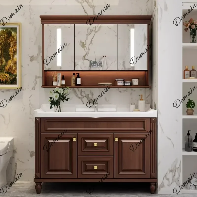 XY XHSH Solid Oak American-Style Bathroom Vanity With Ceramic Integrated Modern Smart Mirror Included Handwashing Basin Furnitur