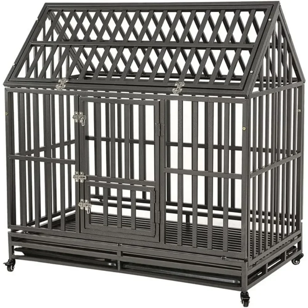 

48 Dog Cages, Large Dog Coops, and Large Dog Cages with Black Interior and Exterior Doors, Locks, and Lockable Wheels