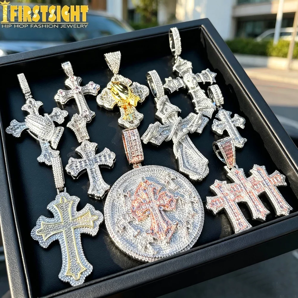Iced Out Bling Großes Kreuz Anhänger Halskette Silber Farbe Krappenfassung Zirkonia Jesus Runde Charme Männer Frauen Hip Hop Schmuck