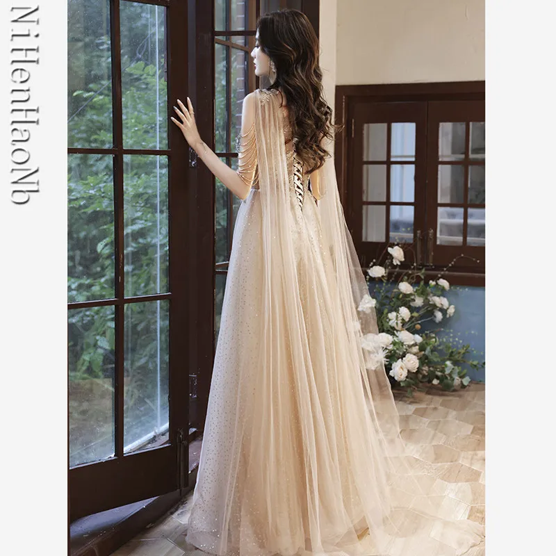 Luxury Champagne Evening Dress With Shawl Elegant V-neck A-line Tassel Sleeves Beading Lace Up Long Prom Celebrity Gowns Formal