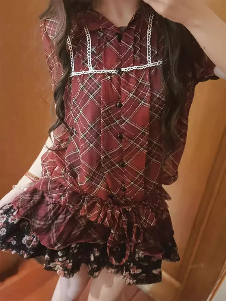 กระโปรงทรงเอลายดอกไม้สีแดงสไตล์วินเทจใหม่ประจำฤดูร้อนปี 2025 สำหรับผู้หญิง ทำจากเส้นใยโพลีเอสเตอร์