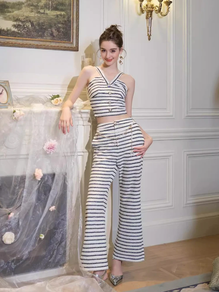 

2024 French Style Elegant Knitted Striped Suit Women's Summer New Slim-Fit Vest Top+High Waist Wide Leg Pants 2-Piece Set Tide
