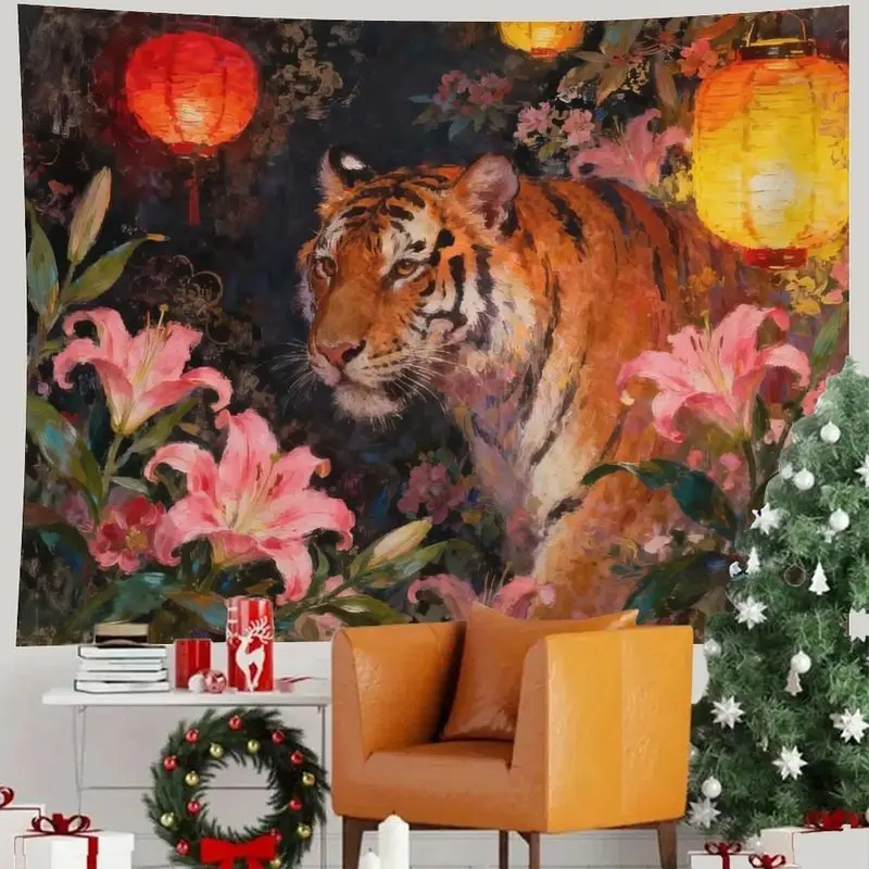 VIKAMA Tiger Lantern Lily Flower Oil Wall Tapestry Dark Background Red Yellow Lamp Pink Lotus Wild Cat Oriental Painting Bedroom