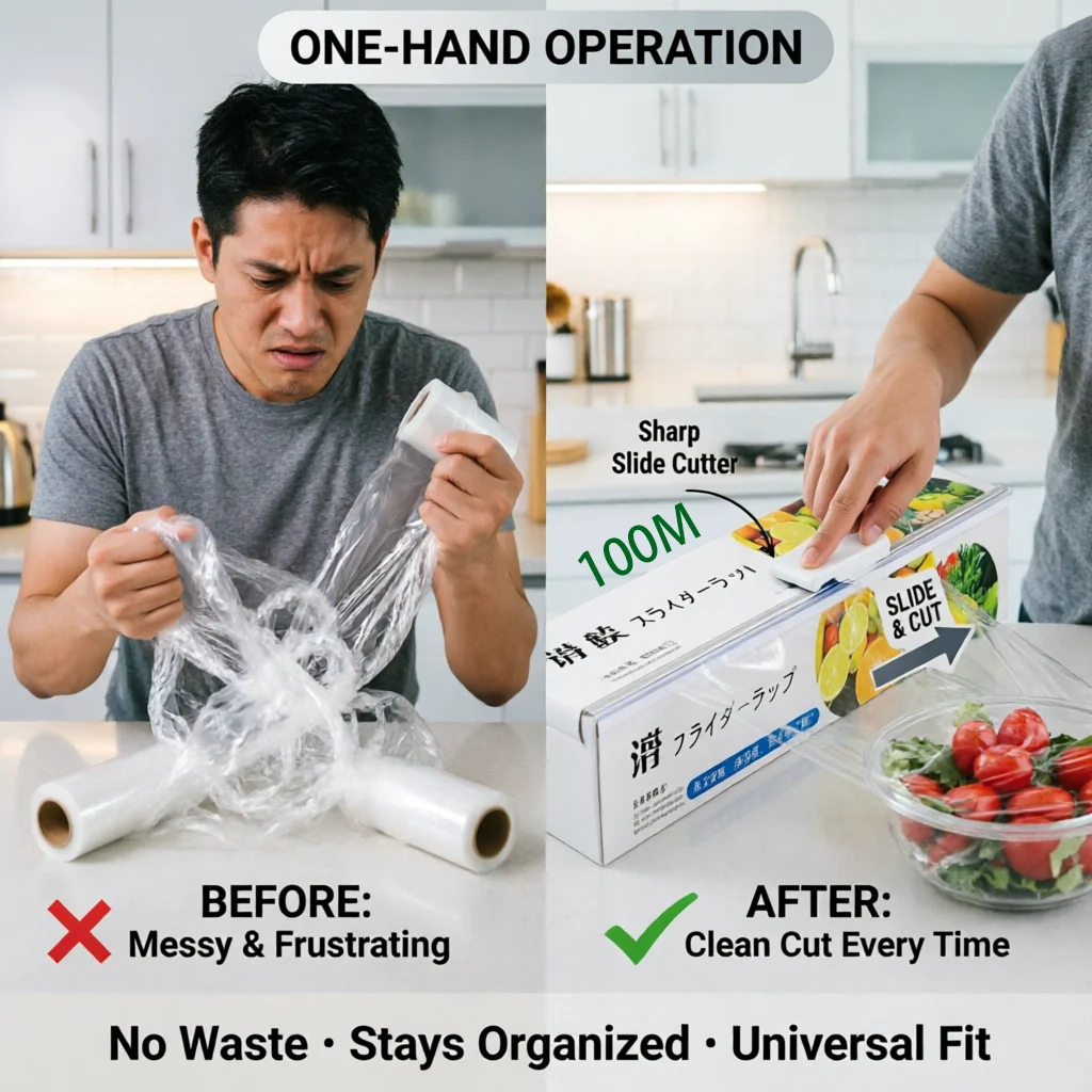 

Plastic Wrap Dispenser with Slide Cutter - Food Wrap Storage Container with Built-in Cutter | Keeps Wrap Organized | One-Hand