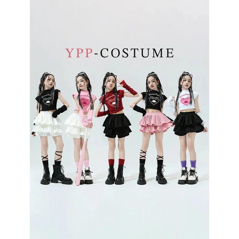 طفل لطيف الهيب هوب الملابس الوردي طباعة المحاصيل تي شيرت الأكمام الأبيض الطبقات مطوي تنورة صغيرة للفتيات ملابس رقص الجاز الملابس