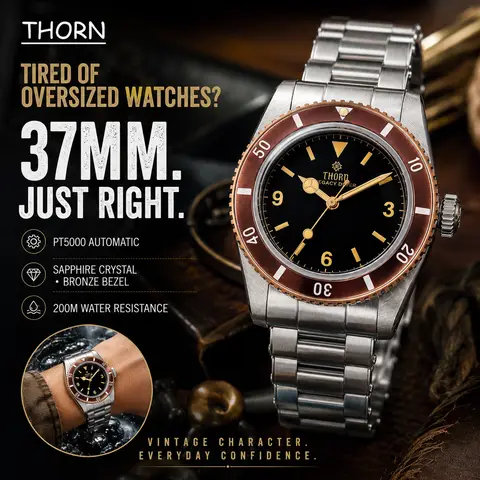 Thorn T028 37Mm Black Automatic Dive Watch PT5000 AR Sapphire Crystal Bronze Bezel 200M Waterproof Vintage Mechanical Men Watch