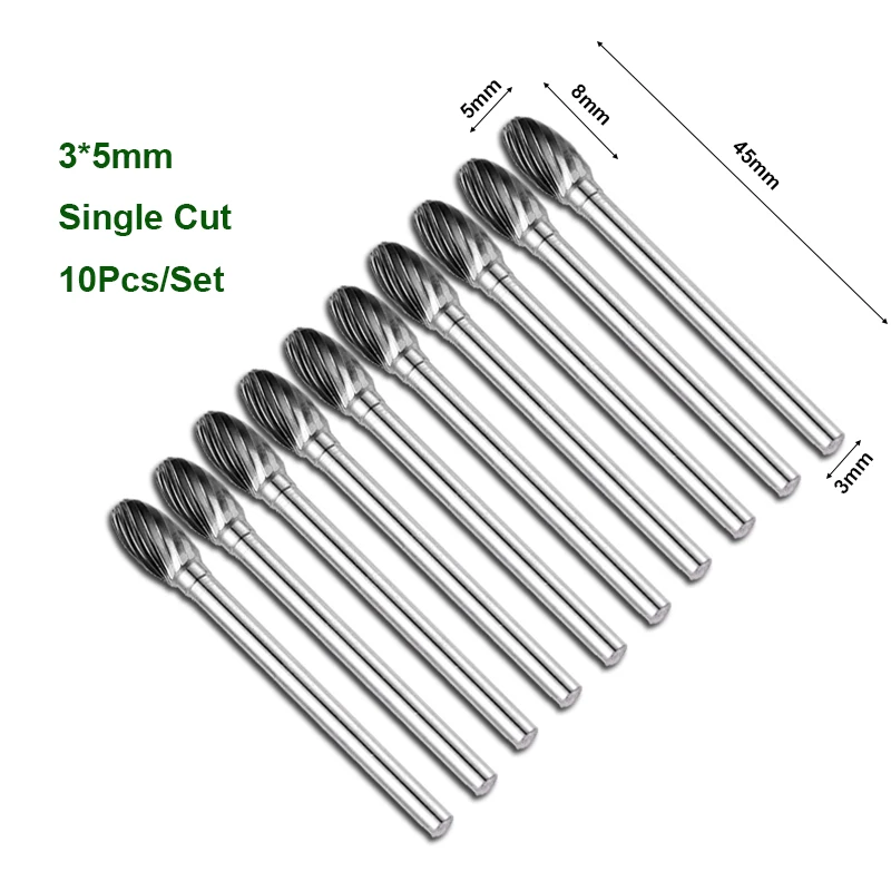 10 Pcs Type E 3*3/4/5/6mm Tungsten Carbide Rotary Files Set Milling Cutter for CNC Engraving, Grinding -Wood/Metal/Plastic/Steel