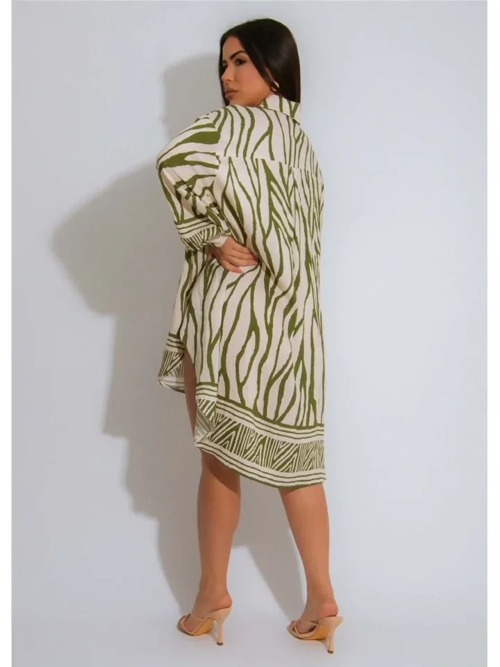 2025年夏 ビーチカジュアル ルーズ 長袖シャツ ミニワンピース レディース ファッション バケーション プラスサイズ 女性用 ボタン付き イレギュラーヘム