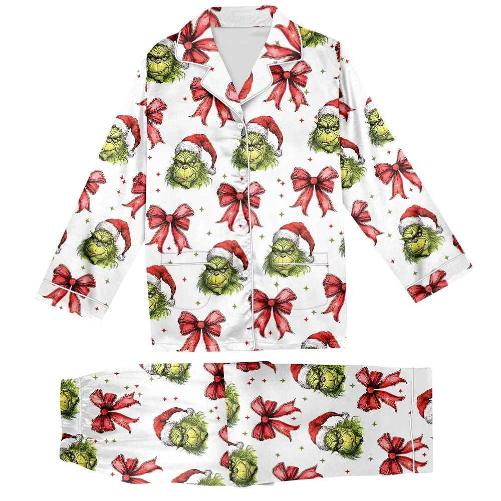 بدلة نسائية مكونة من قطعتين مطبوعة على شكل شجرة عيد الميلاد بأكمام طويلة وأزرار لأعلى، طقم سراويل واسعة الساق، بيجامة مريحة، بدلة كاجوال منزلية