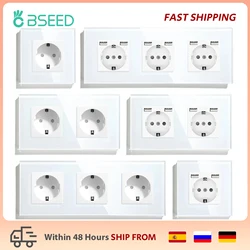 BSEED 1/2/3/4Fach EU Wall Single Socket Glass Panel Double Electrical Outlet White Color Power Thriple Frame Sockets Four Frame