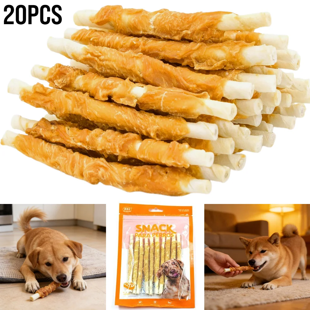 20 Unidades de Golosinas para Perros, Palitos de Piel de Res Envueltos en Pollo, Sin Granos, Naturales, para Perros Pequeños, Golosinas de Entrenamiento, Snacks Masticables para Mascotas (12.5CM)