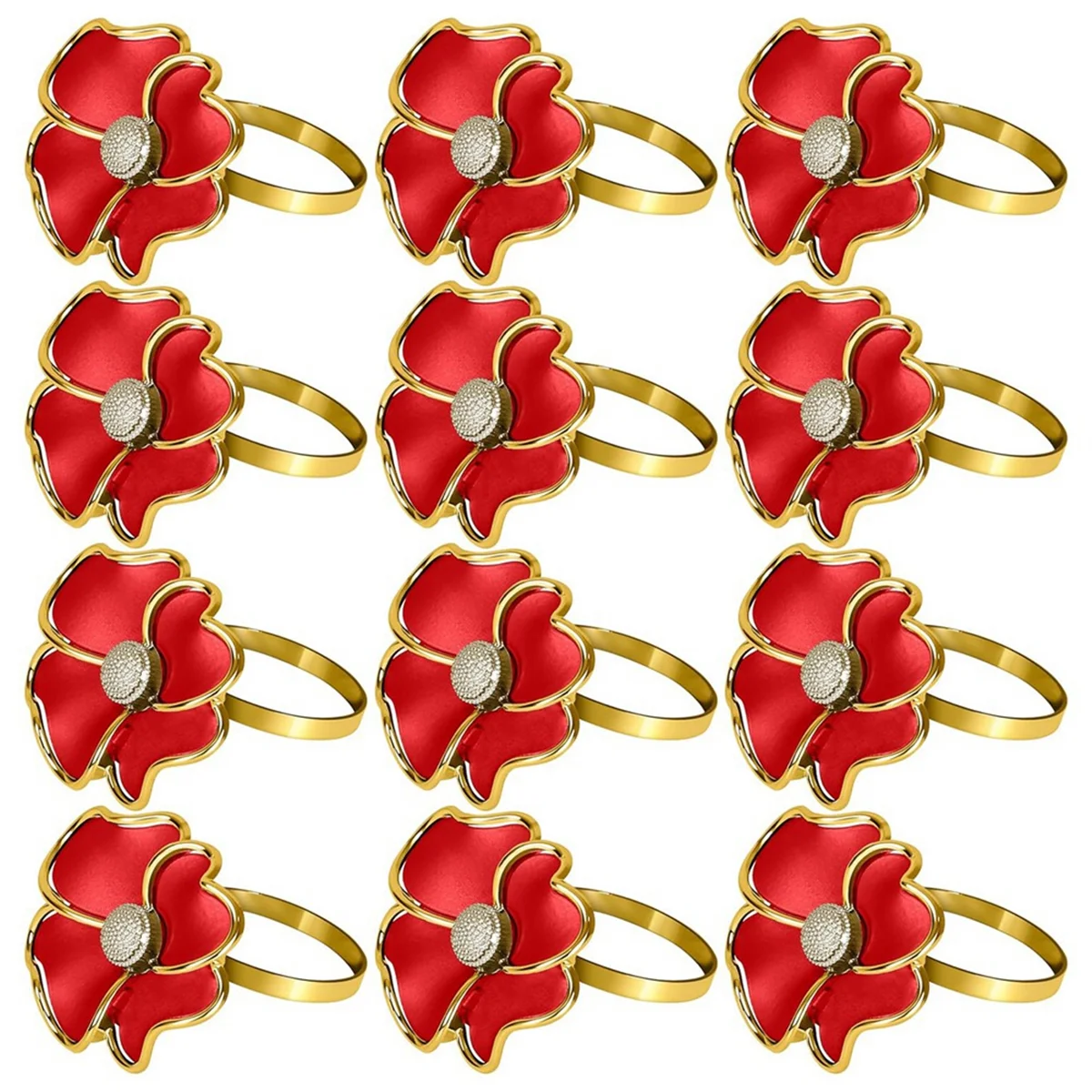 

Flower Napkin Rings - Non-Rust, Elegant Napkin Holders for Paper Napkins and Table Cloths for Dinner, Red Set of 12