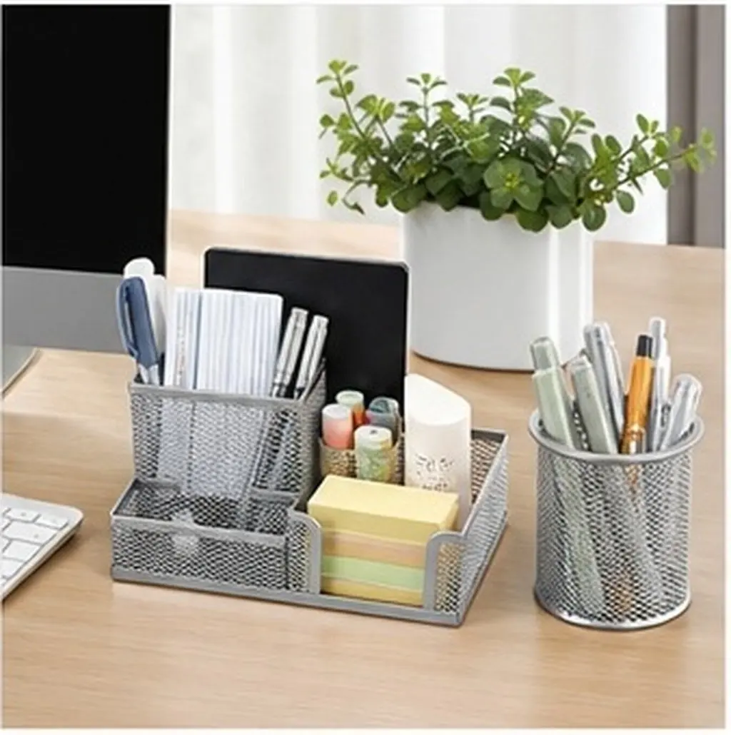 2Pcs Desktop Pen Holder Iron Pencil Organizer Sturdy Wear-Resistant Office Study Room Library Bedroom Decor Simple Grid Design
