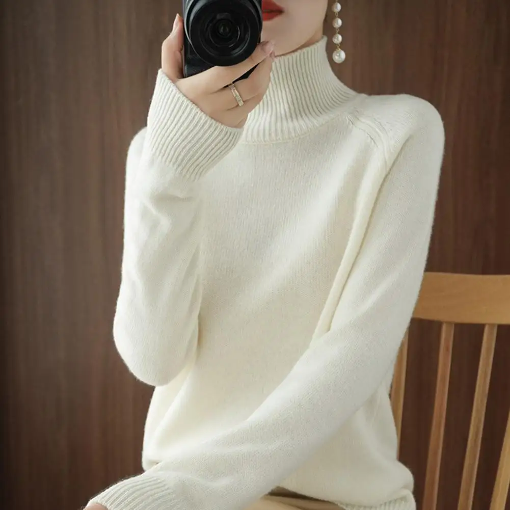 Crochet Knit Sweater Women Cable Knit Pullover Cozy High Collar Women's Sweater with Ribbed Trim Loose Fit Knitting for Winter