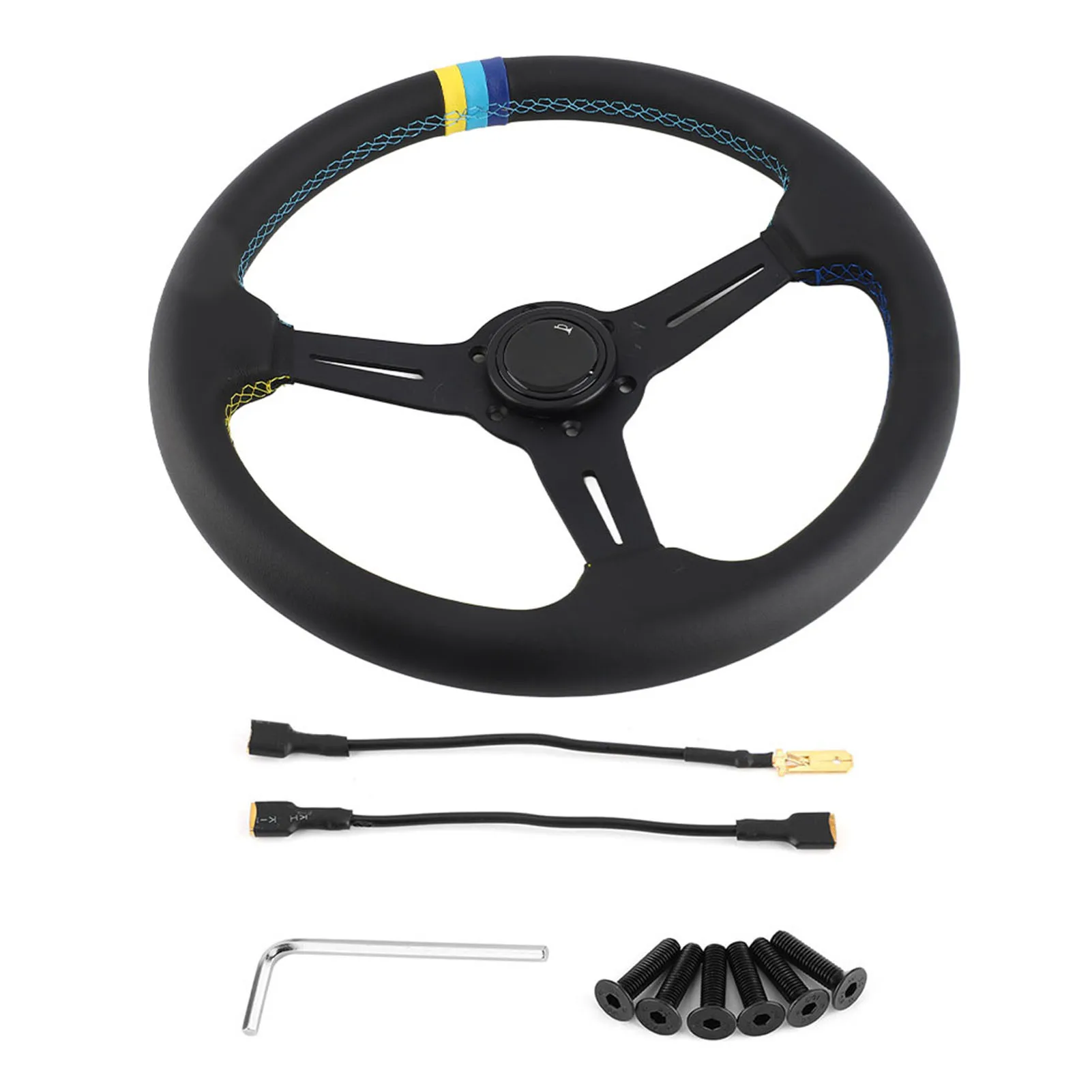 

Steering Wheel Replacement 350mm/14in 6 Bolts Half Dish Black Leather Racing Steering Wheel W/ Horn Leather Steering Wheel