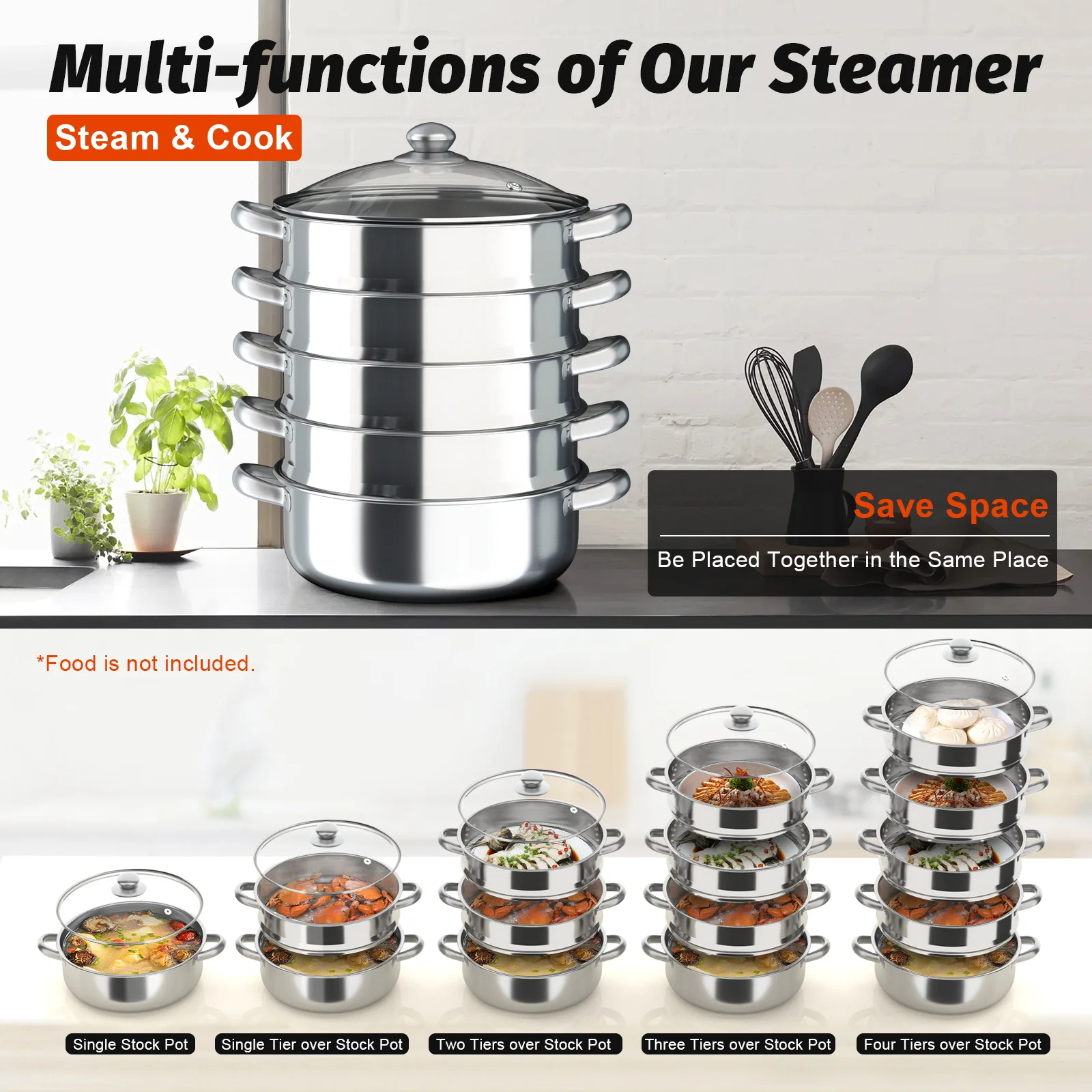 

5-Tier Stainless Steel Steamer 30cm Steam Cooker with Glass Lid and Handle Round Stackable Multipurpose Steam Pot Set for Home