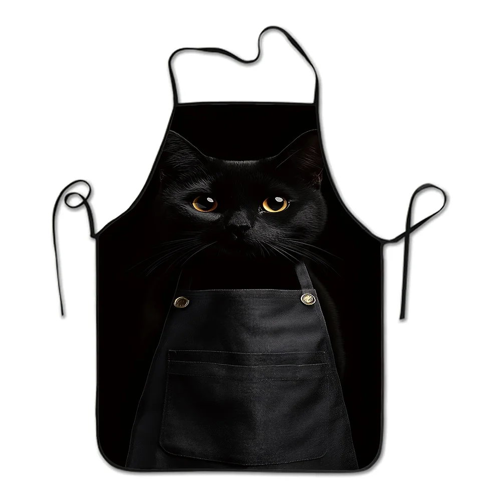 Black Cat Face Apron – Photorealistic Feline with Golden Eyes, Black Background, Front Pocket, Polyester, Unisex