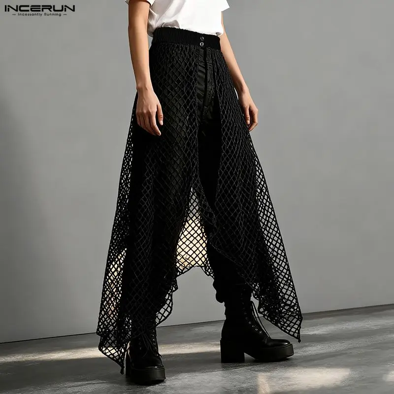 INCERUN Men Irregular Skirts Mesh See Through Elastic Waist Men Bottoms Streetwear Loose Personality Fashion Casual Male Skirts