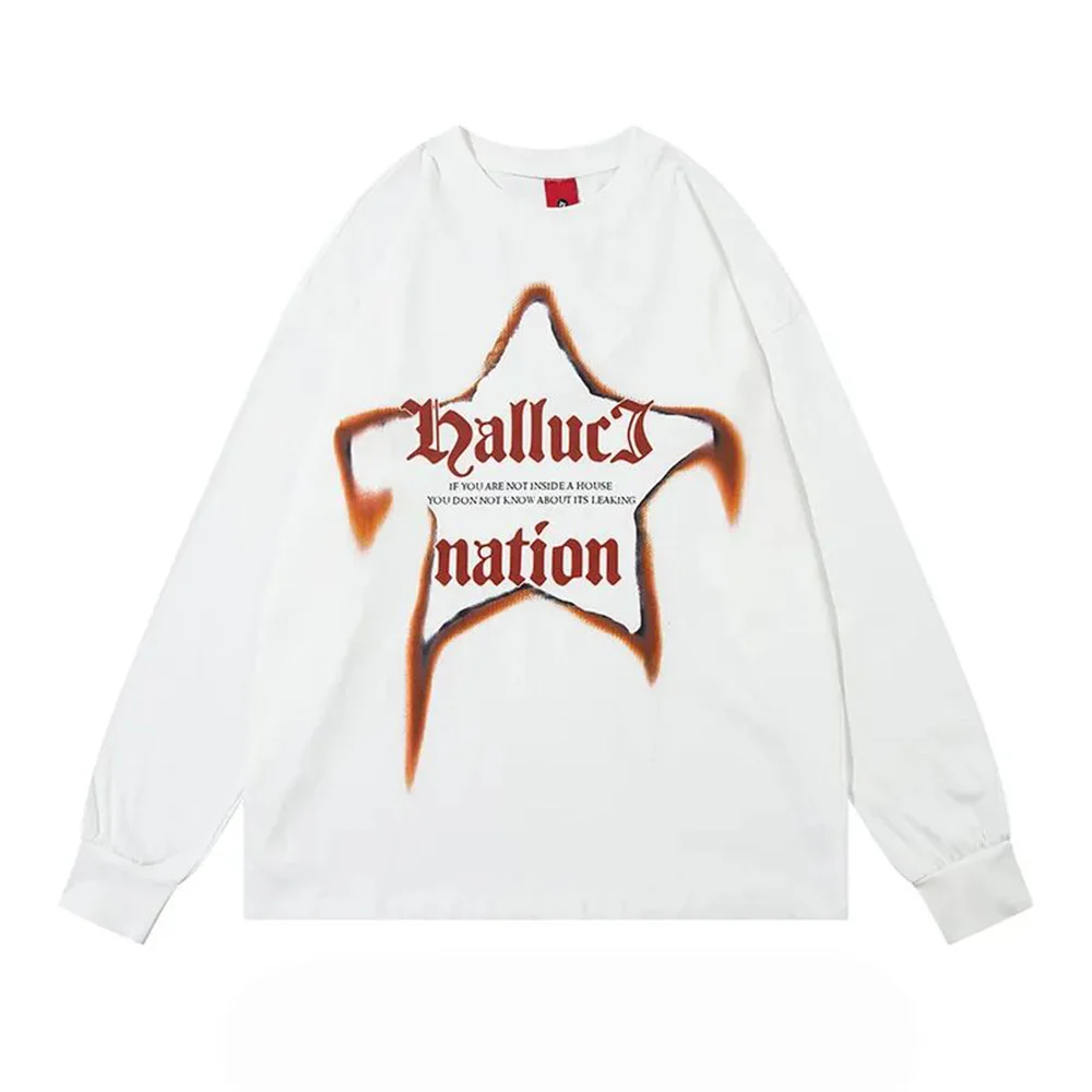 Mens Pullover Graphic Rust Star Letter American Trend Hip-Hop Print Sweatshirt Streetwear Style Loose Fit Long Sleeve Top Autumn