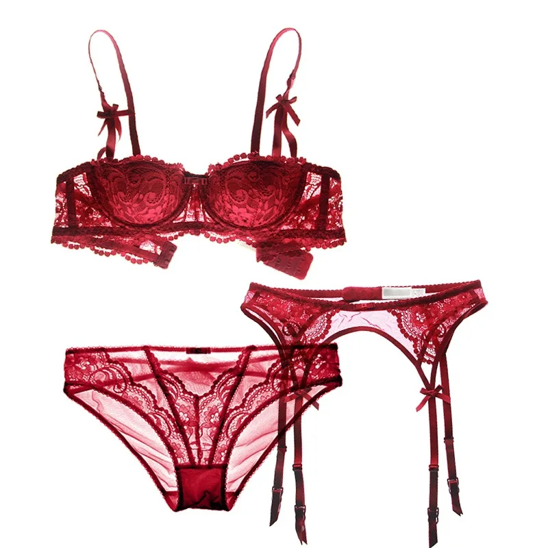 French Red 1/2 Cup Sexy Bra Set Lace Flowers Embroidery Women Underwear Push Up Brassiere and Panties Garter 3 Pieces Sets