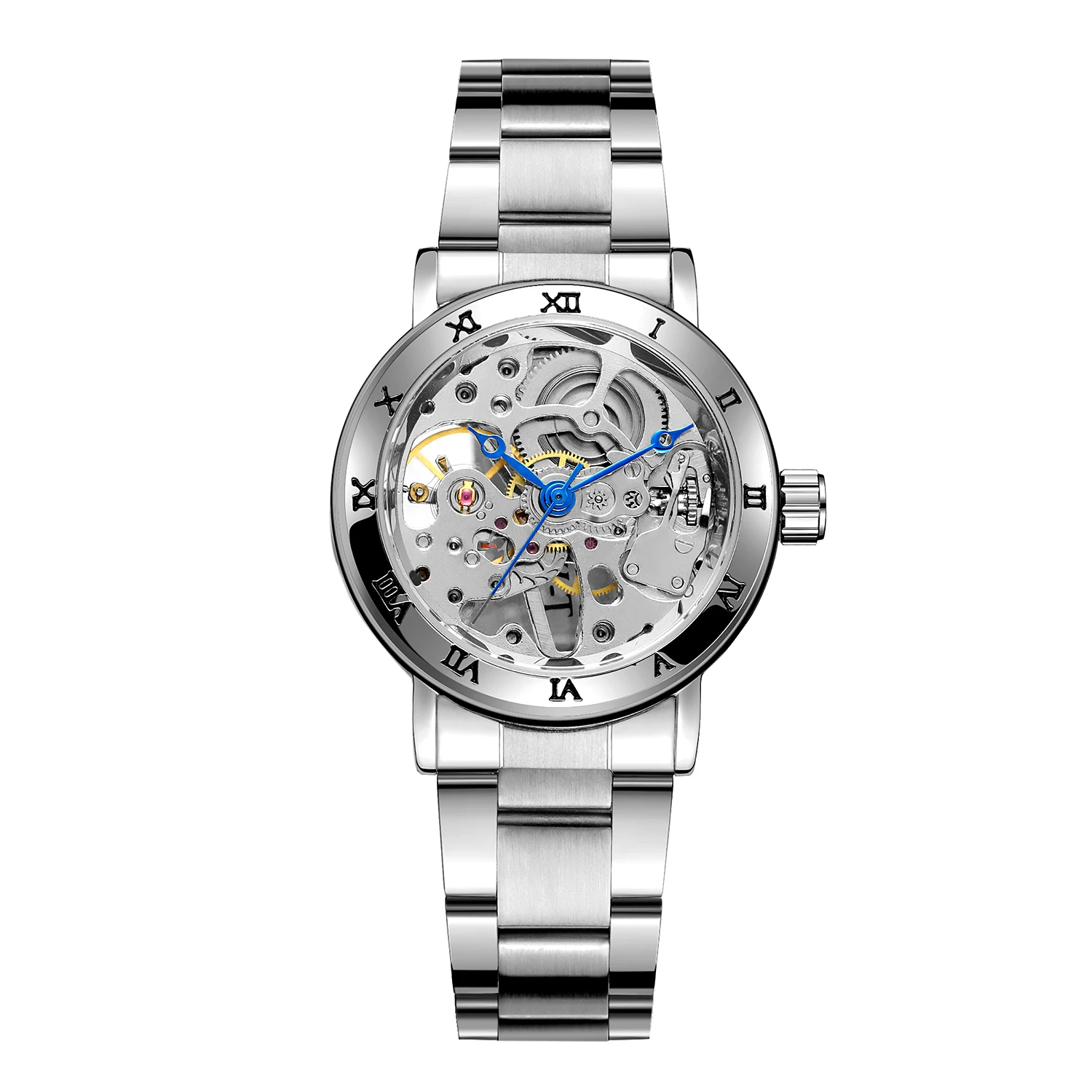WINNER Fashion Elegant Skeleton Watch for Women Blue Pointers Stainless Steel Strap Luxury Business Mechanical Ladies Watches