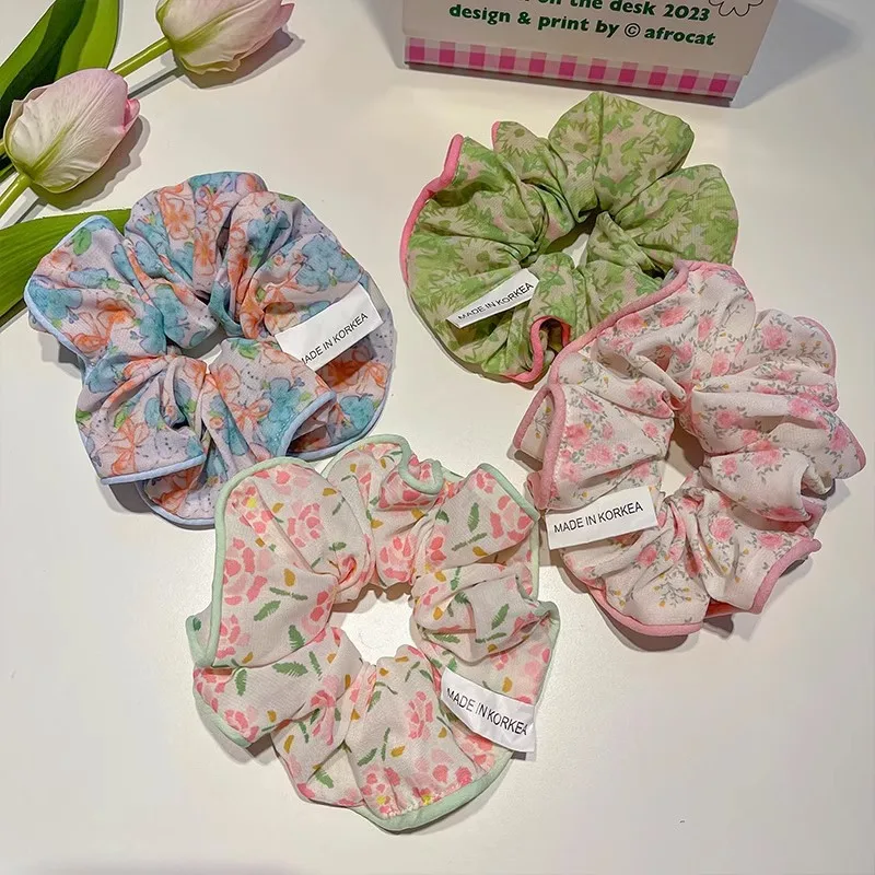 Fabric Floral Large Scrunchies Sweet Cute Pink Elastic Rubber Bands Elegant Sweet Girls Hair Rope Sunny Ponytail Holder Headband
