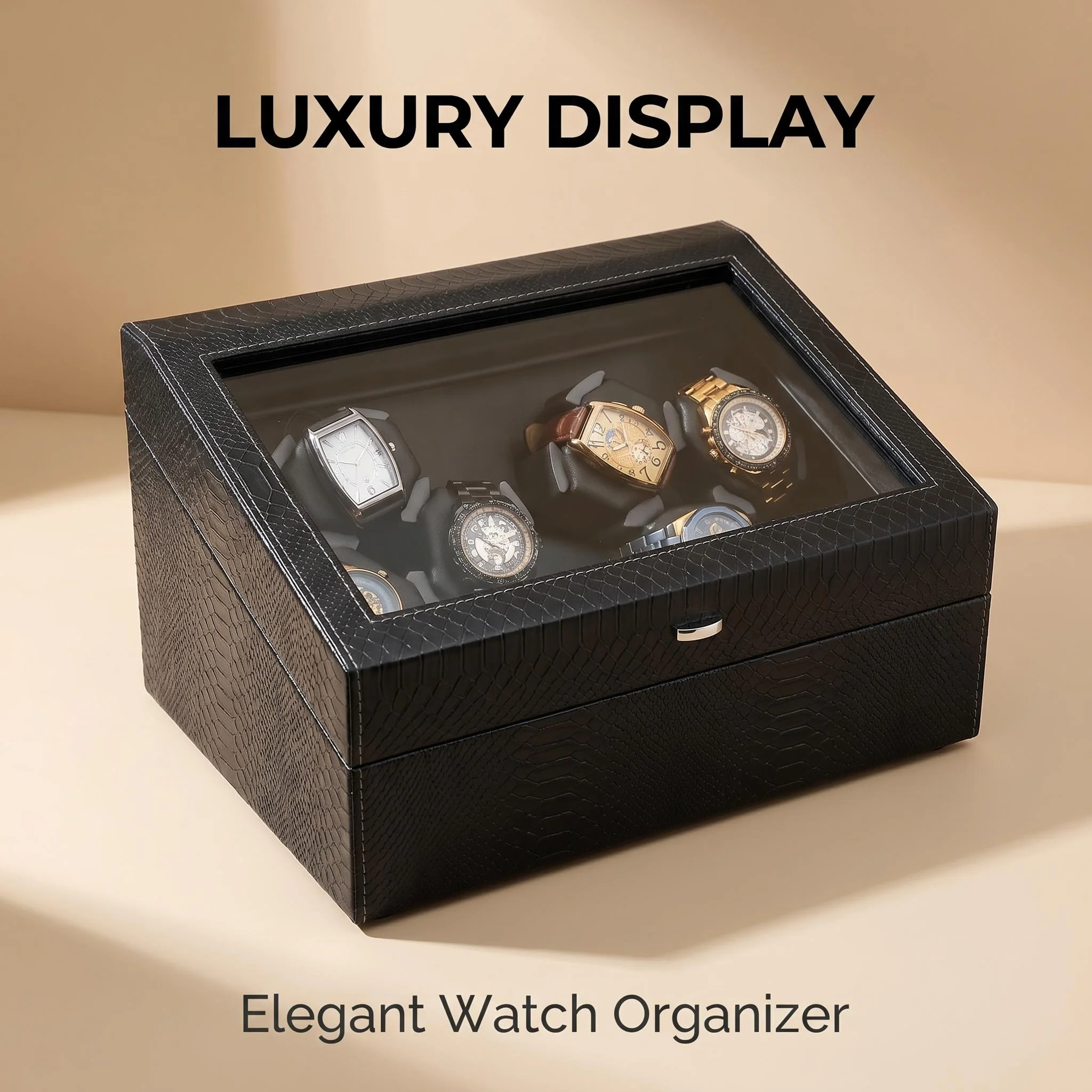 

6+6 Watch Winder & Storage Box with LED Ambient Light PU Leather Transparent Glass Top Watch Display Case for Automatic Watches