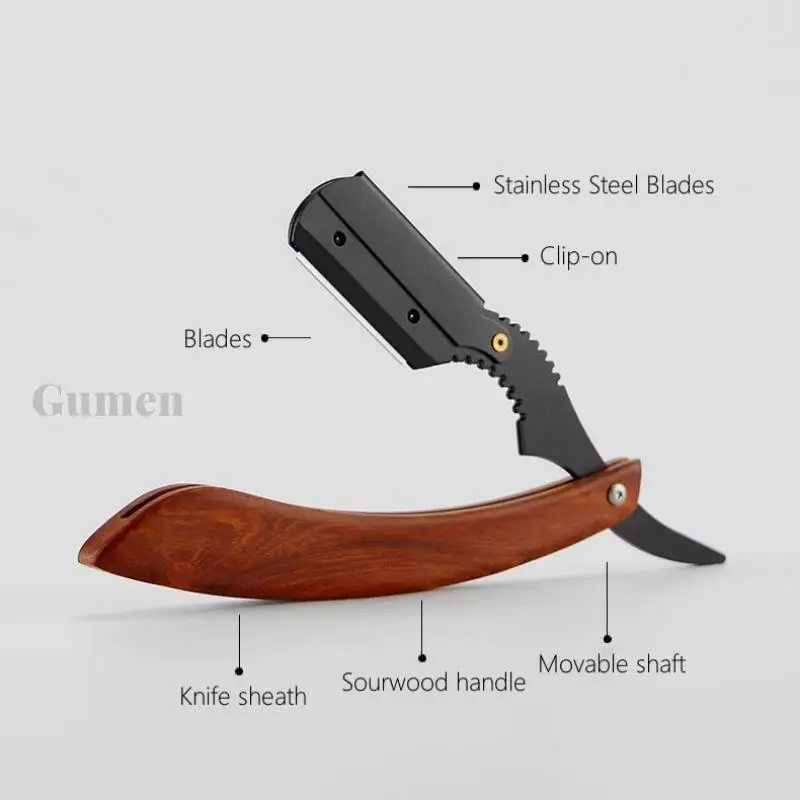 

Men's Replaceable Blade Razor With 10pcs Blades Kit Manual Folding Beard Shaving Razor Wooden Handle Barber Shaver Haircut Set