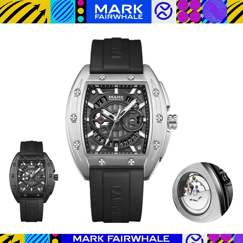 

MARK FAIRWHALE 6016 Automatic Watch Tonneau Dial Calendar Luminous Waterproof Mechanical Watches for Man Relogios Masculino