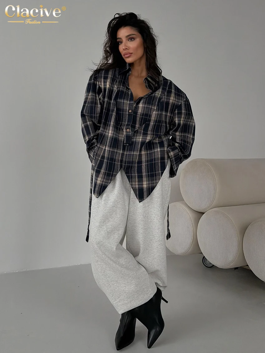 Clacive ファッションルーズチェック柄女性のブラウス 2026 ヴィンテージラペル長袖シャツエレガントなクラシックレースアップトップ女性服