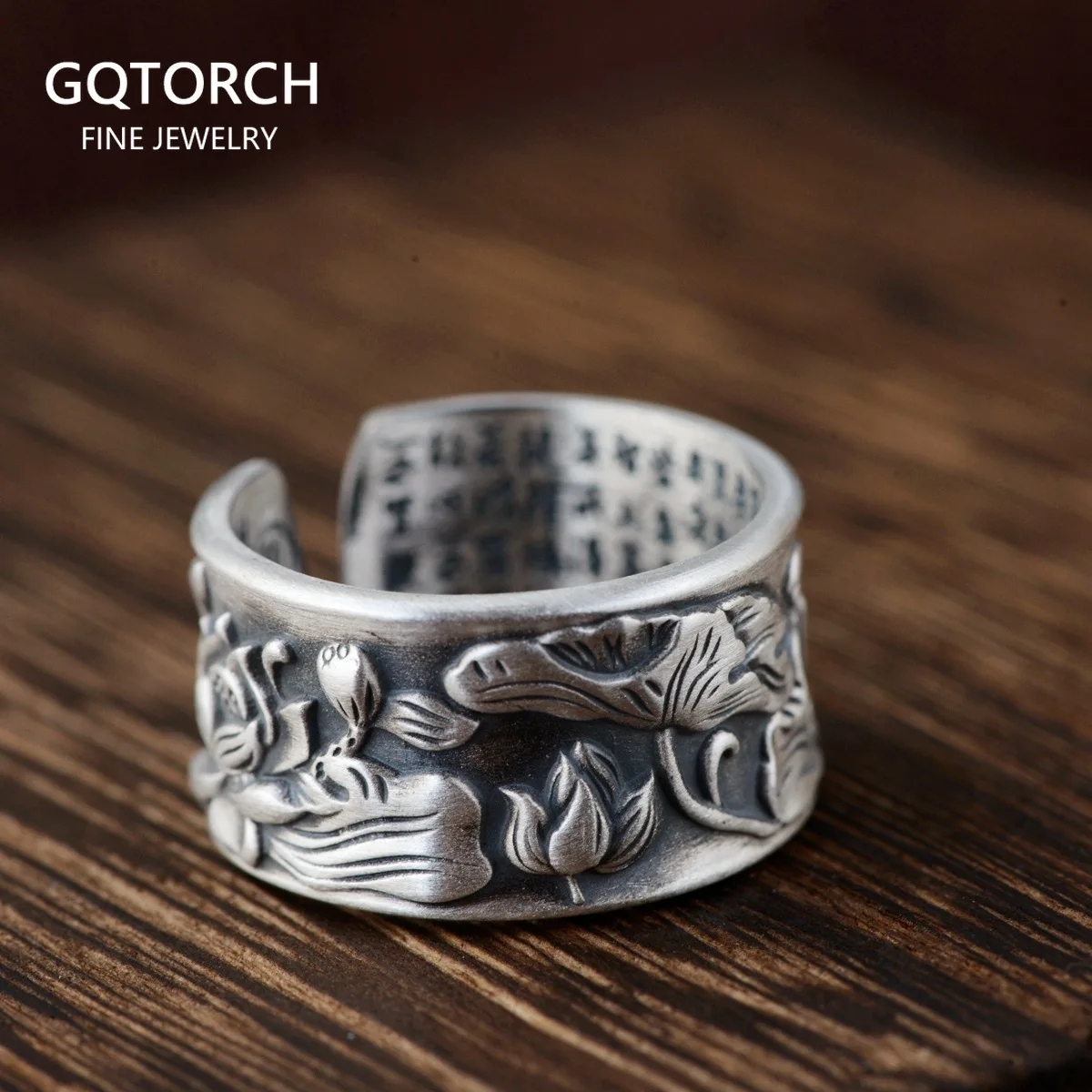 

Genuine 990 Pure Silver Lotus Rings For Women Opening Type Heart Sutra Buddhist Scriptures