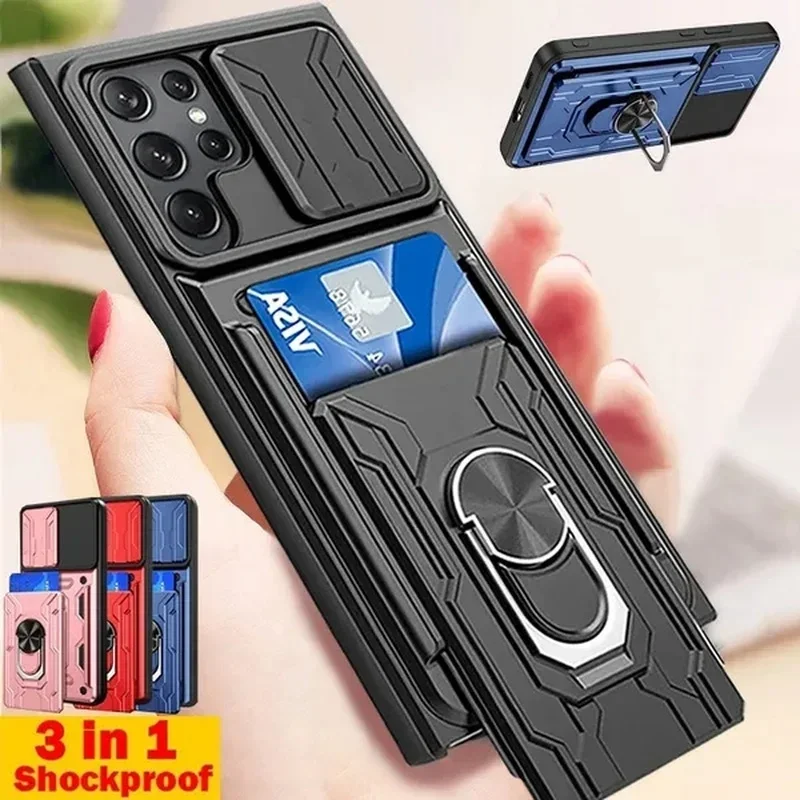 Case For Samsung S24 Ultra S23 Ultra Plus A55 A54 A35 A34 A25 A23 A15 Slide Stand Ring Camera Military Grade Card Slot Cover