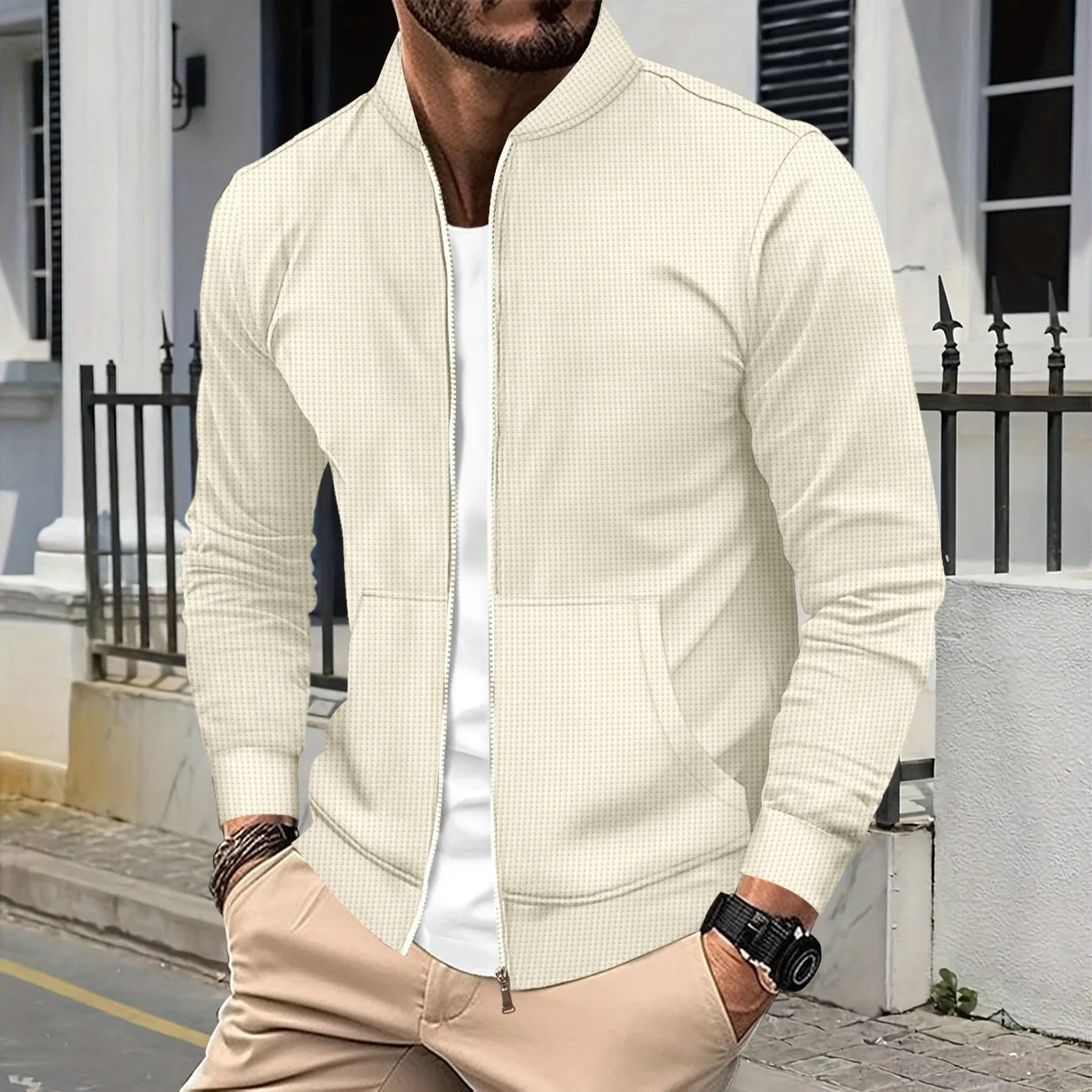 Men's windproof jacket, made of waffle fabric - casual outdoor clothing for spring and autumn seasons. With a full zipper design