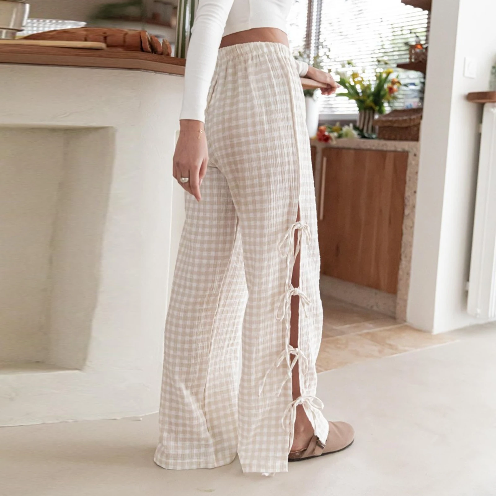 Women Wide-Leg Pants Plaid/Stripe Print Side Tie-Up Loose Trousers Summer Casual Sweatpants Bottoms Aesthetic Clothes Y2k