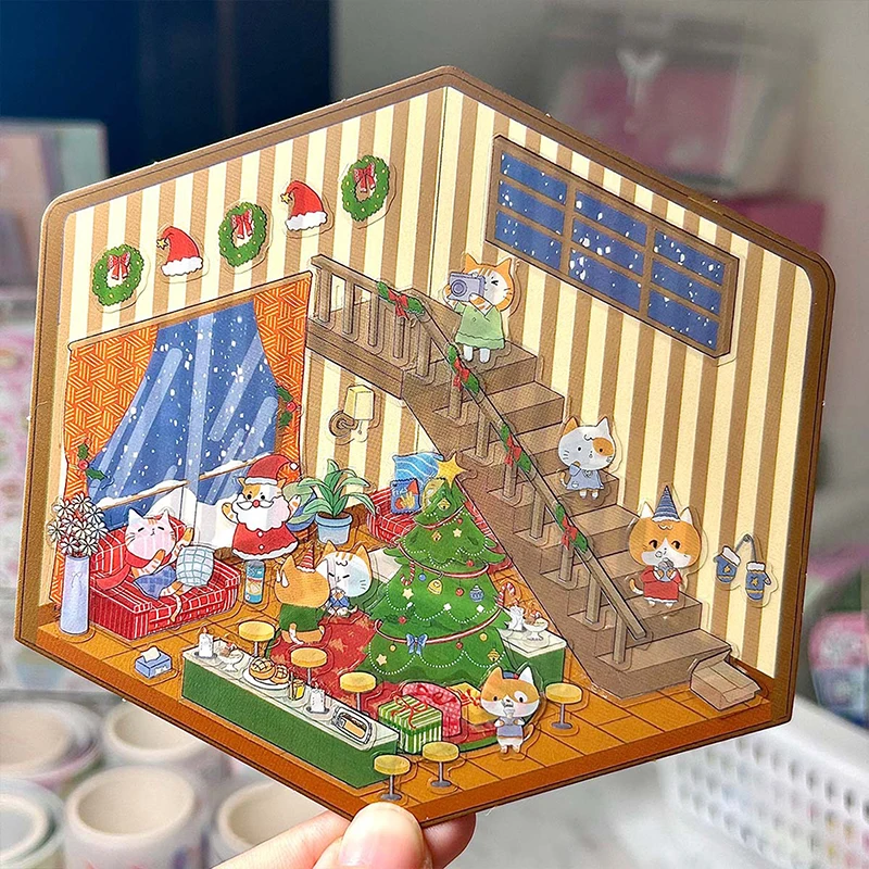【3CS99】1 Juego de pegatinas estereoscópicas 3D para casa, bricolaje, escena de cabina, apilamiento, pegatinas de animales de dibujos animados para niños, regalo de cuenta de mano