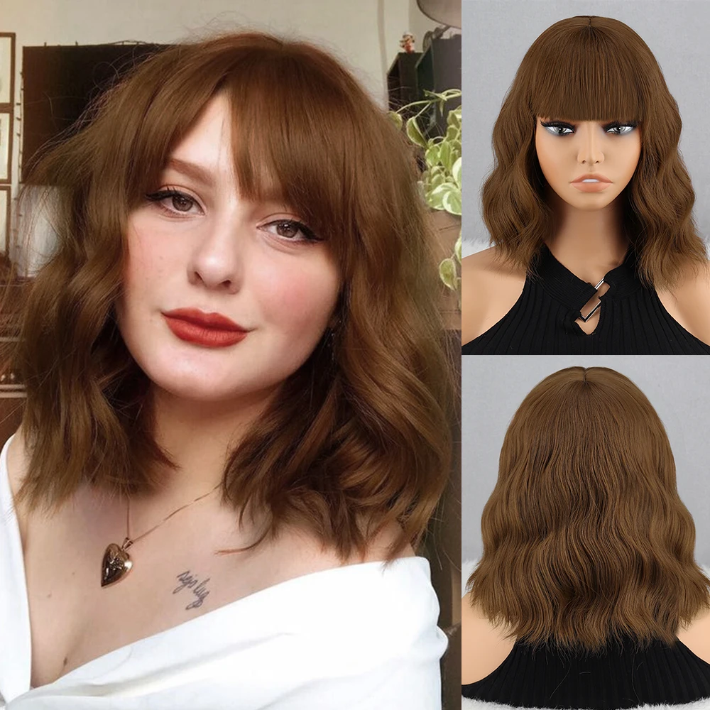 

Brown Short Bob Wave Wigs Have Bangs Blond for Women Natural Heat Resistant Synthetic Wig Daily wear Cosplay Curly hair