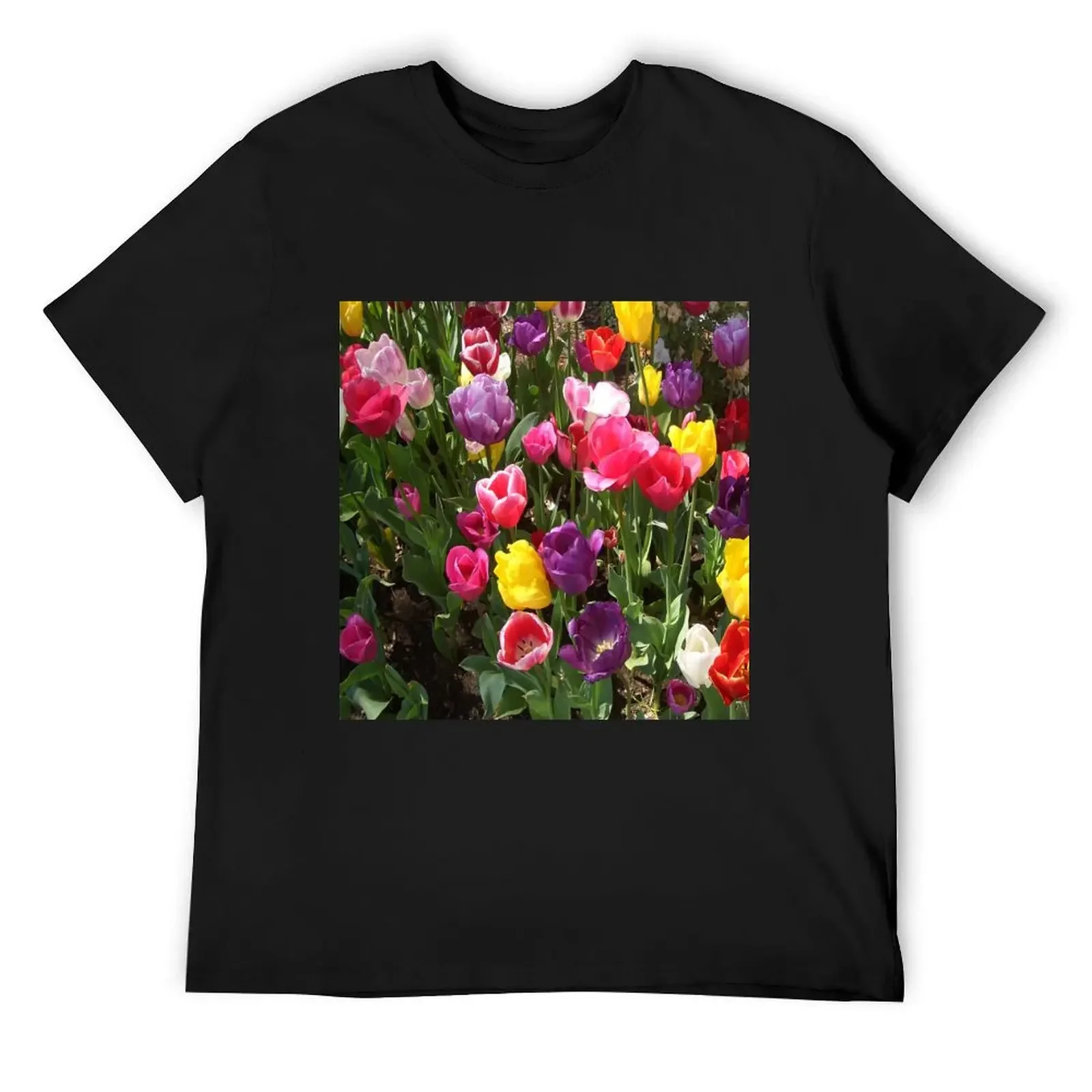 Tulips in assorted colours with green leaves. T-Shirt vintage t shirts boys animal print mens workout shirts